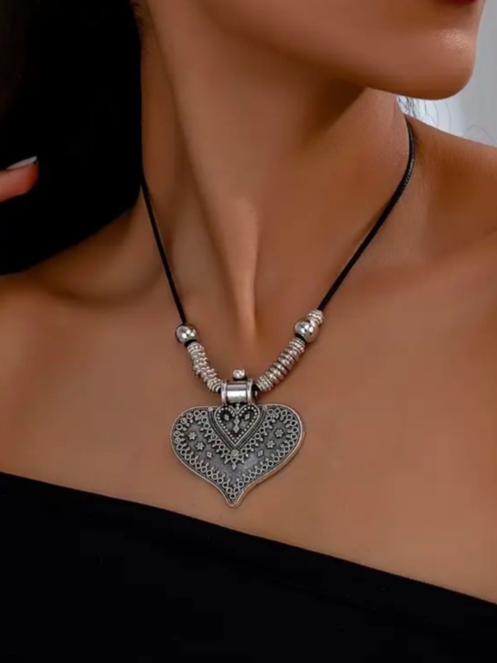 Silver Heart Pendant Necklace on Black Cord New